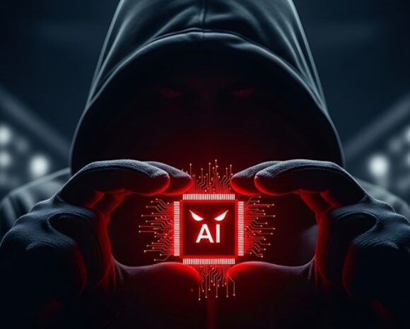 Hacker mit AI-Symbol zwischen den Fingern