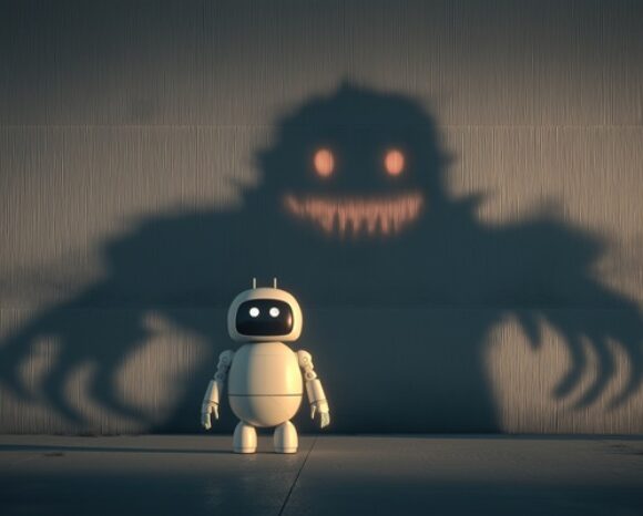 Freundlicher Roboter mit einem gruseligen Schatten im Hintergrund