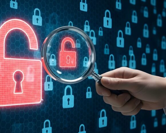 Hand hält mit Lupe über Cybersecurity-Symbole