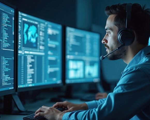 Mann arbeitet mit mehreren Monitoren