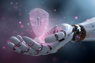 Roboterhand mit Cybersecurity-Symbol darhin