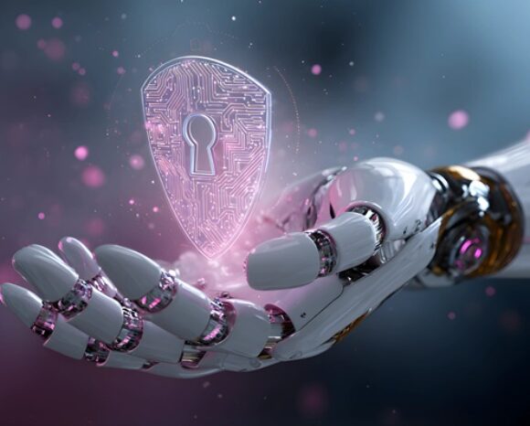 Roboterhand mit Cybersecurity-Symbol darhin