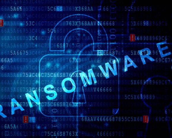 RANSOMWARE auf blauem Hintergrund mit Schloss