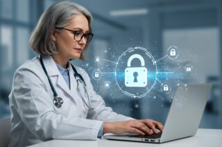 Ärztin arbeitet am Laptop mit Cybersecurity-Hologramm