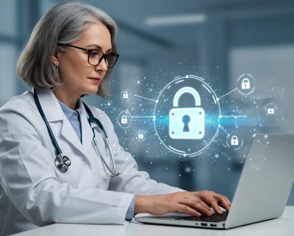 Ärztin arbeitet am Laptop mit Cybersecurity-Hologramm