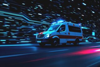 Krankenwagen vor futuristischem Hintergrund