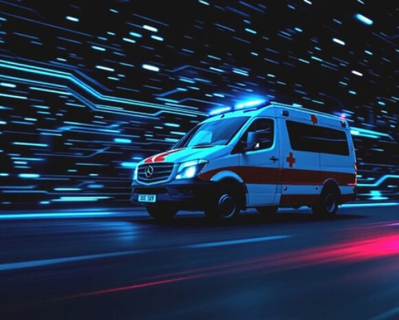 Krankenwagen vor futuristischem Hintergrund