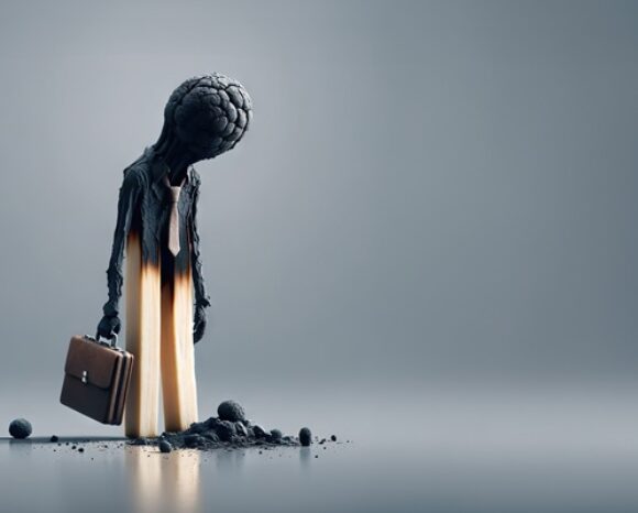 Person mit Burn-out mit Arbeitstasche