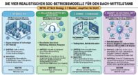 Abbildung 2: Vier realistische SOC-Betriebsmodelle für den DACH-Mittelstand – vom internen SOC bis zu „Security as Additional Duty" mit EDR, MDR und IR-Retainer. Die Kostenspanne reicht von 50.000 Euro bis fünf Millionen Euro pro Jahr.