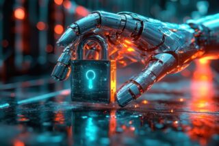 Roboterhand greift nach Schloss mit Cybersecurity-Symbol. Im Hintergrund bedrohliches Glühen