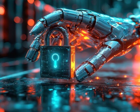 Roboterhand greift nach Schloss mit Cybersecurity-Symbol. Im Hintergrund bedrohliches Glühen