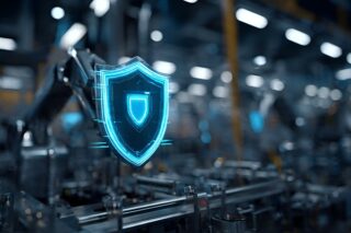 Blaues Cybersecurity-Schild vor industrieller Kulisse