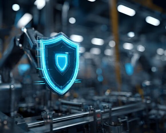 Blaues Cybersecurity-Schild vor industrieller Kulisse