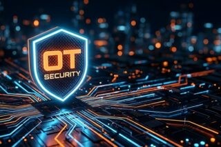 Leuchtendes Abwehr-Schild mit Aufschrift OT-Security