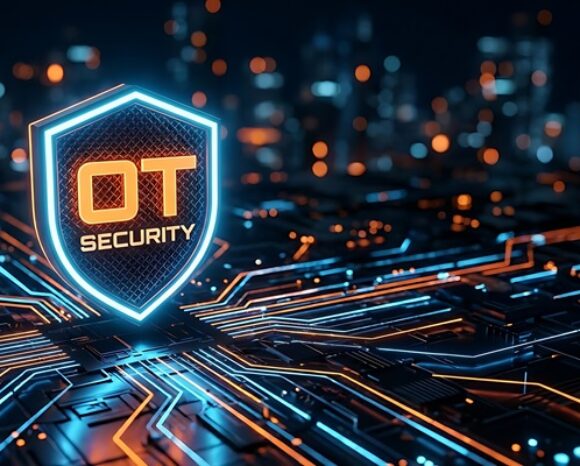 Leuchtendes Abwehr-Schild mit Aufschrift OT-Security