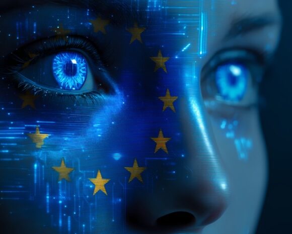 Gesicht mit blauen Augen mit Europa Flagge