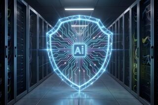 AI-Cybersecurity-Abwehrschild vor Rechenzentrum