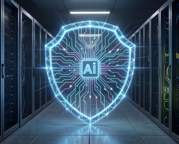 AI-Cybersecurity-Abwehrschild vor Rechenzentrum