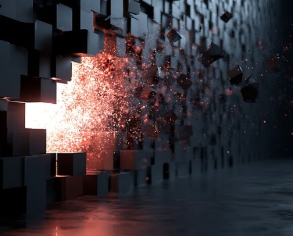 Abstrakte Darstellung einer gebrochenen Cybersecurity-Wand