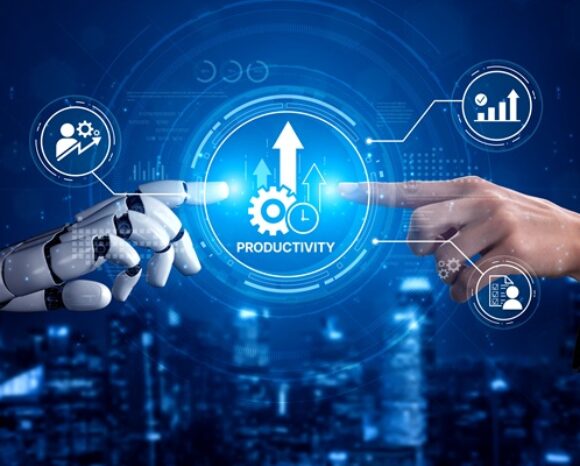 Roboter und Mensch zeigen auf das Wort Productivity