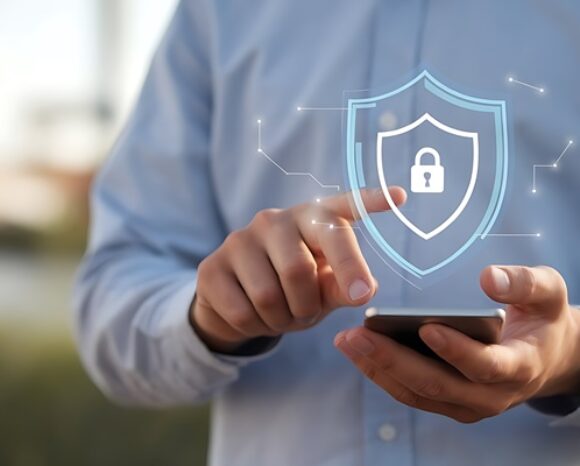 Mann hält Smartphone und tippt auf virtuelles Cybersecurity-Symbol