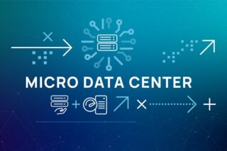 Der Text "MICRO DATA CENTER" ist umgeben von Icons wie Pfeilen und Servern
