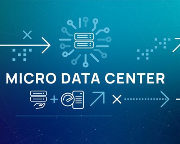 Der Text "MICRO DATA CENTER" ist umgeben von Icons wie Pfeilen und Servern