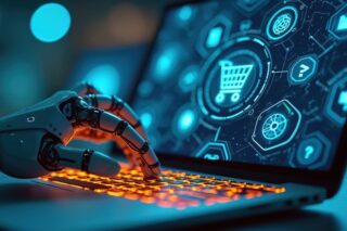 Roboterhand tippt auf Laptoptastatur. Darauf ist ein Shop-Symbol zu sehen.