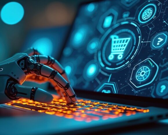 Roboterhand tippt auf Laptoptastatur. Darauf ist ein Shop-Symbol zu sehen.