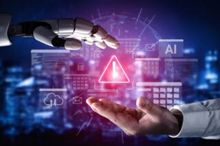 Eine eindrucksvolle visuelle Darstellung der Mensch-Roboter-Interaktion, die ein Warnsymbol zeigt.