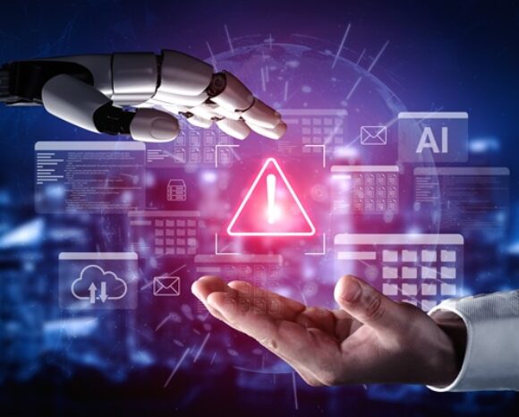 Eine eindrucksvolle visuelle Darstellung der Mensch-Roboter-Interaktion, die ein Warnsymbol zeigt.