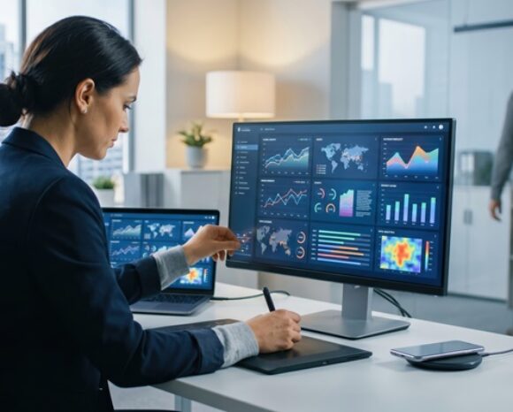 Frau analysiert Dashboard