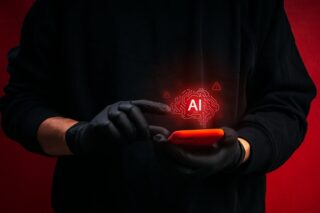 Cyberkrimineller nutzen ein Smartphone mit KI-gestützter Betrugsschnittstelle und digitalen Warnmeldungen. Konzept des KI-Betrugs.
