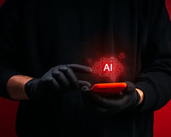 Cyberkrimineller nutzen ein Smartphone mit KI-gestützter Betrugsschnittstelle und digitalen Warnmeldungen. Konzept des KI-Betrugs.
