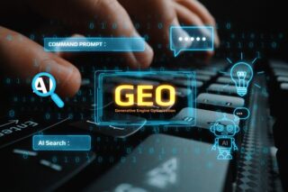 Hände tippen auf einer Tastatur mit digitalen Symbolen und Text, die Generative Engine Optimization veranschaulichen.
