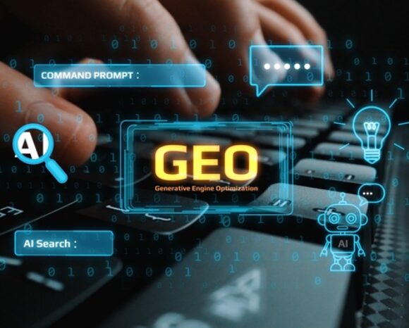 Hände tippen auf einer Tastatur mit digitalen Symbolen und Text, die Generative Engine Optimization veranschaulichen.