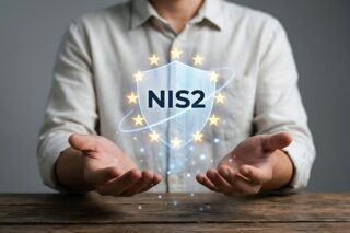 Mann hält leuchtendes NIS2 Logo in den Händen