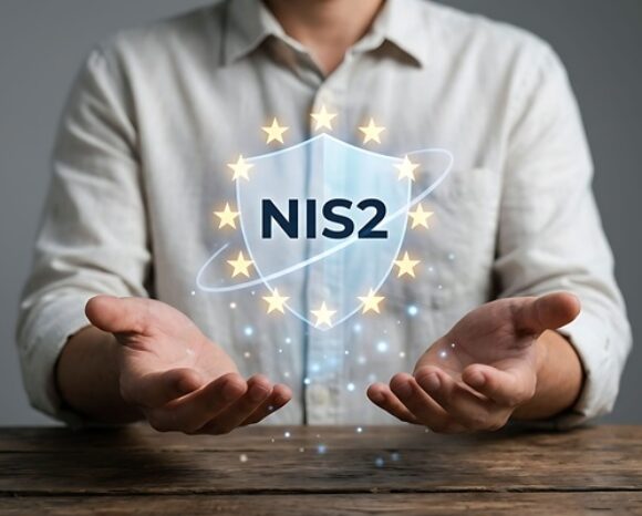 Mann hält leuchtendes NIS2 Logo in den Händen