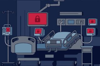 Grafische Darstellung eines Krankenzimmers mit rot leuchtenden Datenschutzsymbolen