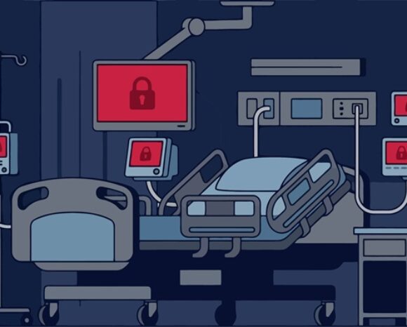 Grafische Darstellung eines Krankenzimmers mit rot leuchtenden Datenschutzsymbolen