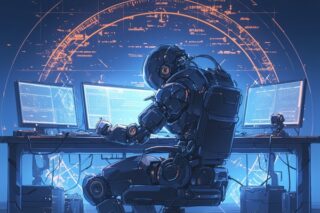 Roboterähnliche Gestalt vor Laptops