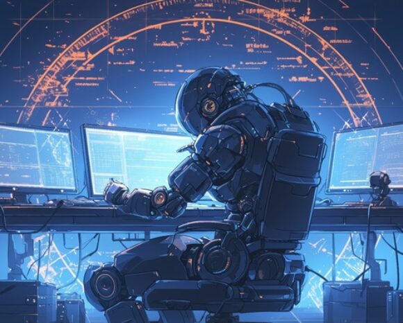Roboterähnliche Gestalt vor Laptops