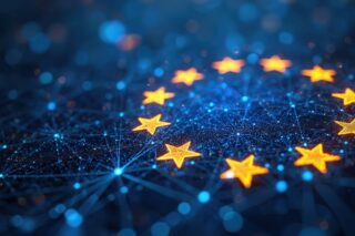 EU Flagge auf abstrakter Datenoberfläche