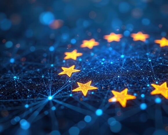 EU Flagge auf abstrakter Datenoberfläche