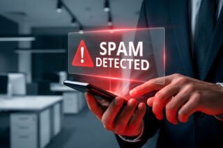 Geschäftsmann hält Smartphone mit rotem Warnhologramm für Spam-Erkennung