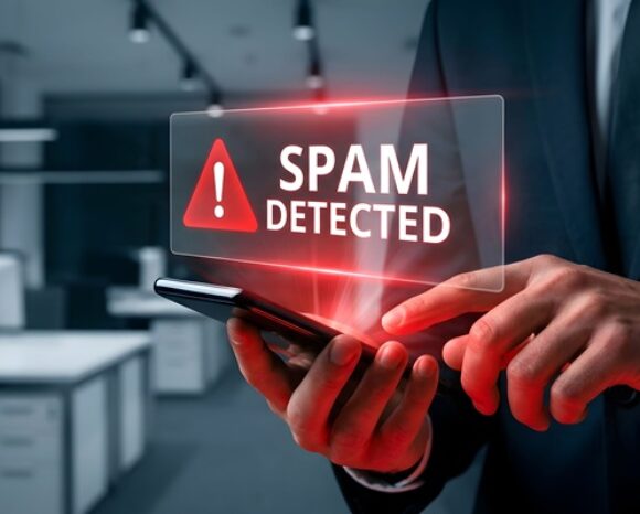 Geschäftsmann hält Smartphone mit rotem Warnhologramm für Spam-Erkennung