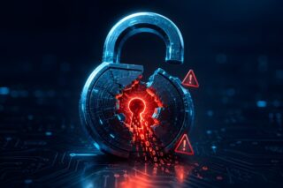 Digitales Schloss, zerbrochen, mit rotem Schlüsselloch dahinter