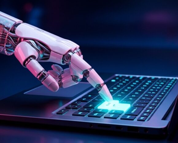 Roboterhand drückt auf die leuchtende Enter-/Return-Taste