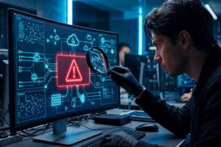 Cyberanalyst mit Lupe vor rotem Ausrufezeichen