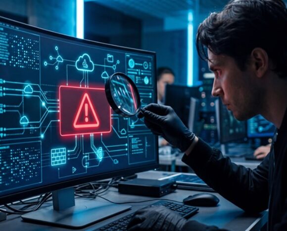 Cyberanalyst mit Lupe vor rotem Ausrufezeichen